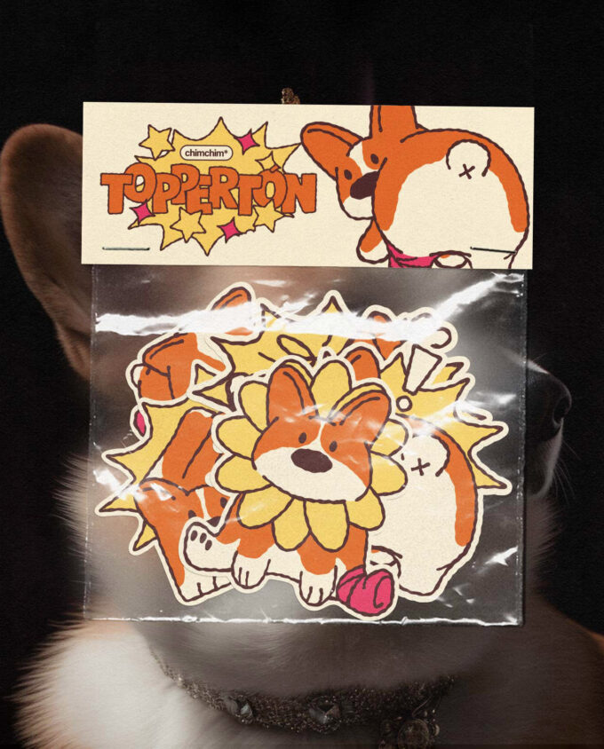 Set de sticker de un perro corgi, con una etiqueta que dice Toppertón