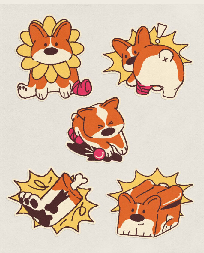 Set completo de 5 sticker ilustrados de un perrito corgi en distintas situaciones