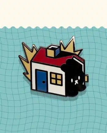 Pin de esmalte duro con una casita en llamas y un conejo saliendo, diseño original ChimChim