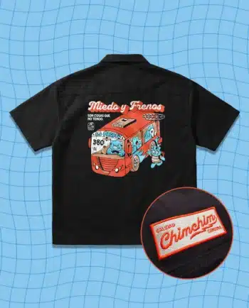 Sobrecamisa negra El Porky's ChimChim en gabardina 100% algodón con cierre de metal y logo bordado, hecha en México
