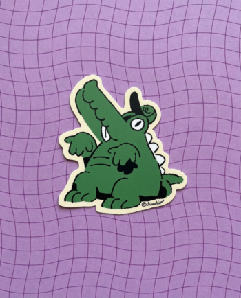 Sticker vinil matte Cocodrilo Tonto 7x8 cm con gorrita y lengüita, contorno recortado, diseño original ChimChim México
