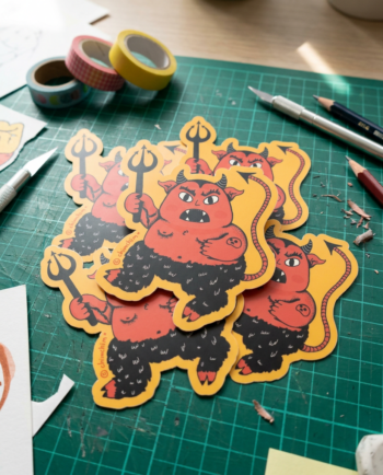 Sticker vinil matte El Chamuco 6.5x8 cm, diablito rojo gordito con trinche y patas peludas negras, contorno recortado ChimChim México