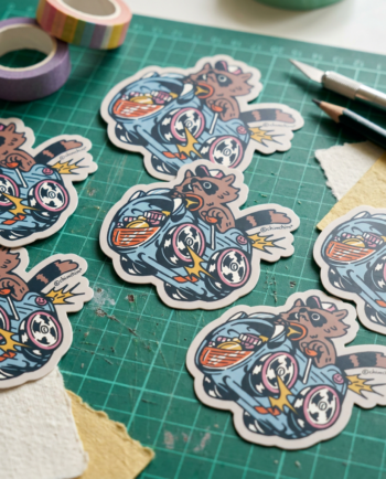 Sticker vinil matte Racoon Race 8x7.5 cm, mapache en carro hecho con bote de basura agarrando palanca de velocidades, contorno recortado ChimChim México