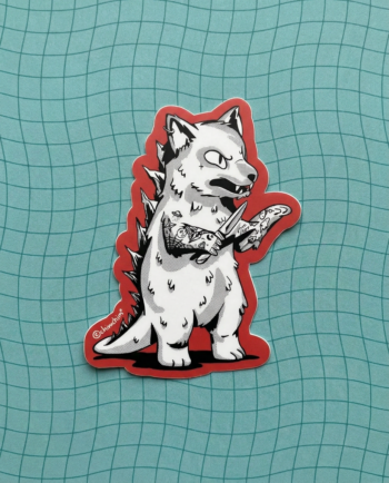 Sticker vinil matte Gato Kaiju 6.5x8.5 cm, gato tatuado en pose de pelea con navaja, blanco negro y borde rojo, contorno recortado ChimChim México