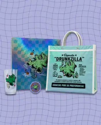 Detalle de las cuatro piezas del Kit Drunkzilla ChimChim: print, bolsa, vaso y sticker, hecho en México