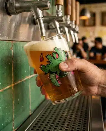 Detalle de las cuatro piezas del Kit Drunkzilla ChimChim: print, bolsa, vaso y sticker, hecho en México