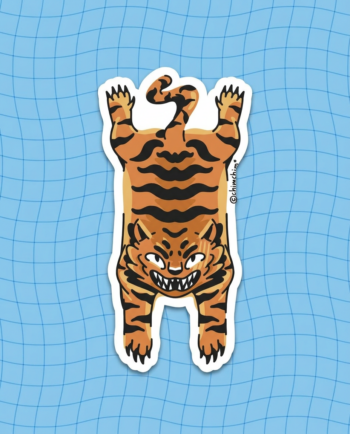 Sticker vinil matte Tigre Pachón Naranja 10x5 cm, silueta completa de tigre naranja con rayas negras, contorno recortado ChimChim México