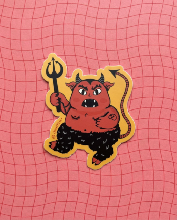 Sticker vinil matte El Chamuco 6.5x8 cm, diablito rojo gordito con trinche y patas peludas negras, contorno recortado ChimChim México