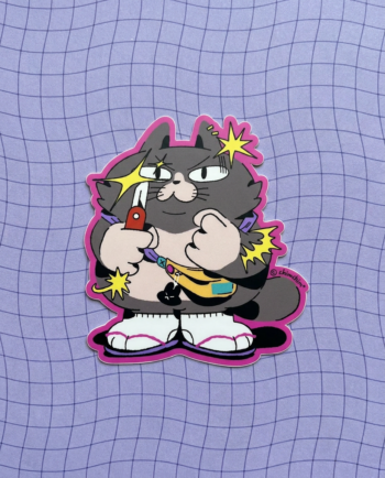 Sticker vinil matte Gato Filero versión completa 7.5x8.5 cm, gato chaka con sandalias calcetines cangurera y filero, contorno recortado ChimChim México