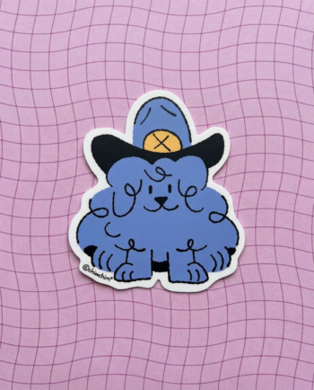 Sticker vinil matte Perrito Sheriff 7x8 cm, perrito azul peludo con sombrero de sheriff, contorno recortado ChimChim México