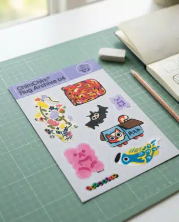 Detalle de los stickers individuales die cut de la lámina Rug Archive 04 ChimChim, hecho en México