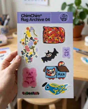 Detalle de los stickers individuales die cut de la lámina Rug Archive 04 ChimChim, hecho en México