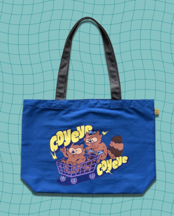 Tote bag loneta algodón azul Coyeye Coyeye 48x33 cm con logo DTF textil y asas grises, ChimChim hecho en México