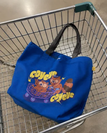 Tote bag loneta algodón azul Coyeye Coyeye 48x33 cm con logo DTF textil y asas grises, ChimChim hecho en México