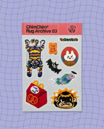 Lámina de stickers vinil matte Rug Archive 03 14x21.5 cm con 7 personajes de tapetes y 3 logos ChimChim, die cut, hecho en México
