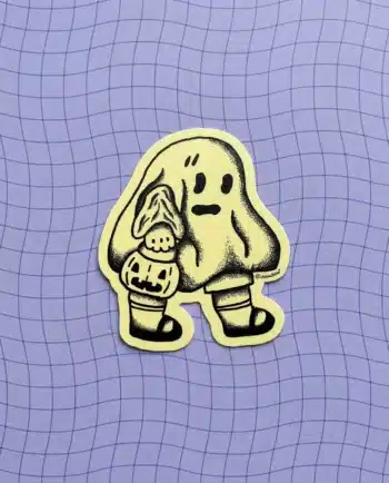 Sticker die cut de Fantasmín, fantasma fotoluminiscente con calabaza, vinil brilloso, diseño ChimChim